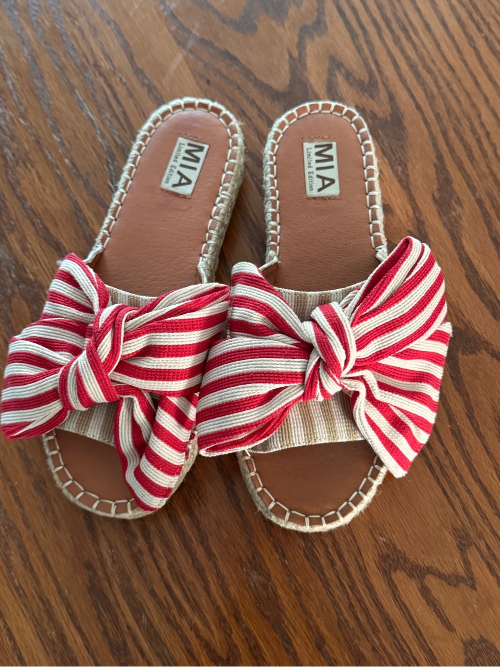 MIA Red and Cream Striped Bow Slide Sandals